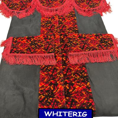 Premium black faux suede truck curtains featuring vibrant red Danish plush cross panels and decorative red looped trim. Designed to add bold style and comfort to your truck interior. Whiterig Truck Curtains